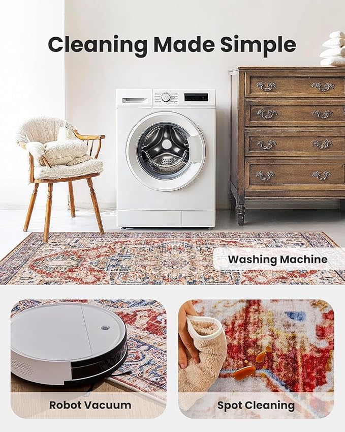 AMADA HOMEFURNISHING 5x7 Area Rugs, Washable Living Room Rug Low-Profile with Non-Slip Backing & Durable Edge Binding, Vintage 5x7 Rugs for Living Room, Bedroom, Dinning Room