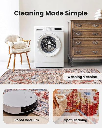 AMADA HOMEFURNISHING 5x7 Area Rugs, Washable Living Room Rug Low-Profile with Non-Slip Backing & Durable Edge Binding, Vintage 5x7 Rugs for Living Room, Bedroom, Dinning Room