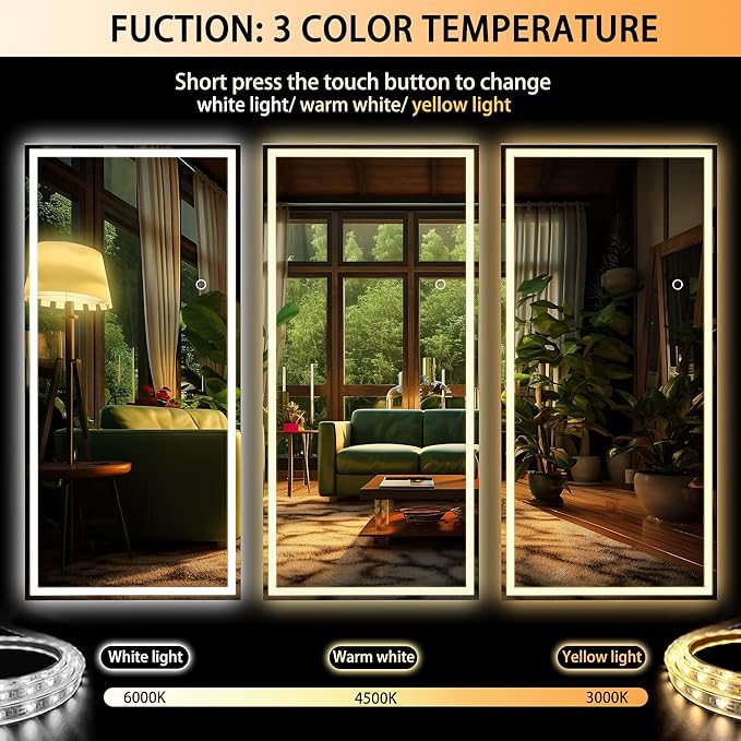 Hasipu Full Length Mirror with Lights, 79" x 32" LED Lighted Floor Standing, Full Body Dressing Hanging Mounted Mirror, Tempered Glass, Square Black