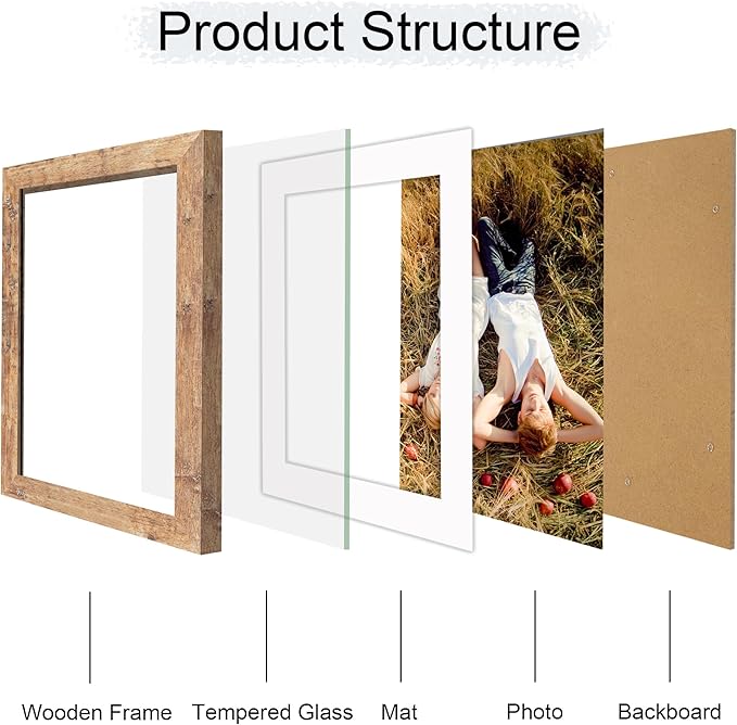 iRahmen 10x12 Picture Frame with Mat 8x10 - High Definition Tempered Glass Wooden Photo Frames for Tabletop Display and Wall Mounting (Rustic Brown, Set of 2)