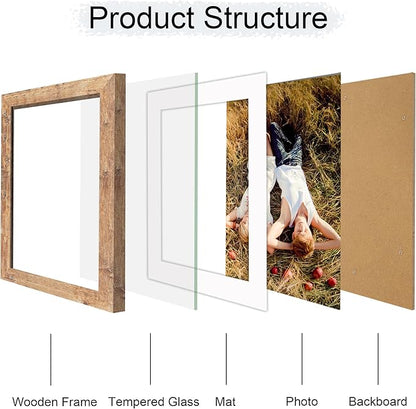 iRahmen 10x12 Picture Frame with Mat 8x10 - High Definition Tempered Glass Wooden Photo Frames for Tabletop Display and Wall Mounting (Rustic Brown, Set of 2)