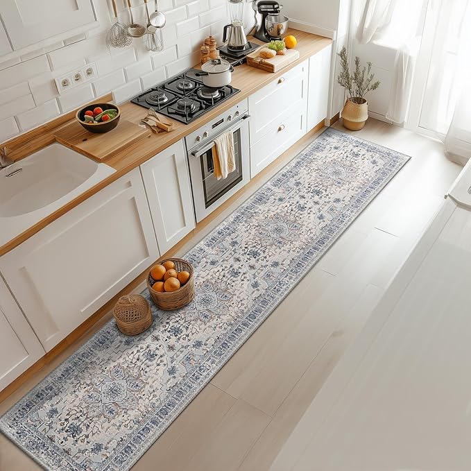 BESTSWEETIE 2x10 Area Rug Washable Rugs for Living Room, No Pile Boho Carpet for Entryway Bedroom Dinning Room, Vintage Carpet Print Distressed Non-Slip, 2 x 10 ft, Beige Blue