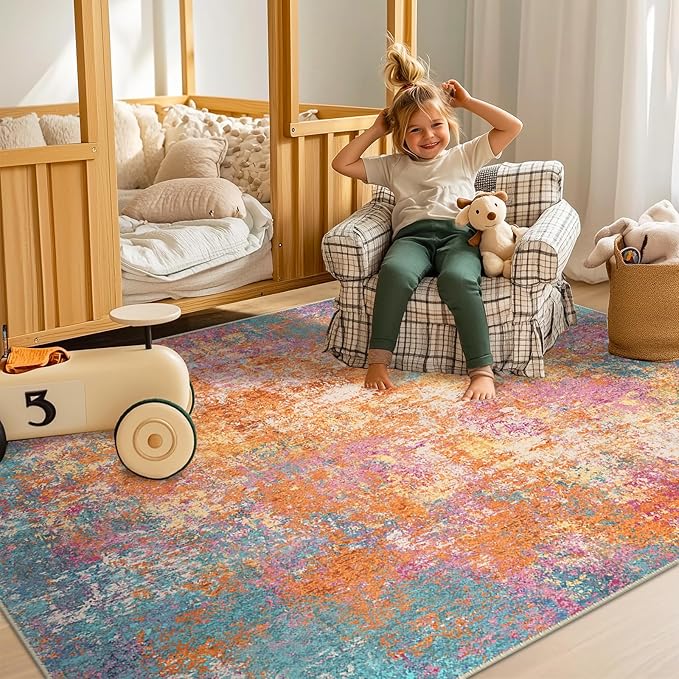 RELEANY Washable Area Rugs 8'x10' Non-Slip Modern Abstract Soft for Living Room Entryway Bedroom Nursery, Print Pattern, Orange Blue Pink Yellow Colorful