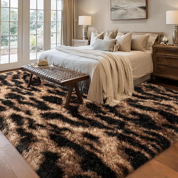 qulint Leopard Rug for Living Room, 5x7 Fluffy Carpet for Bedroom Soft Shaggy Cheetah Rug for Kids Room, Modern Animal Carpet for Dorm Room Nursery Home Decor Aesthetic (5ft x 7ft, Leopard)