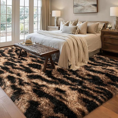 qulint Leopard Rug for Living Room, 5x7 Fluffy Carpet for Bedroom Soft Shaggy Cheetah Rug for Kids Room, Modern Animal Carpet for Dorm Room Nursery Home Decor Aesthetic (5ft x 7ft, Leopard)