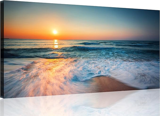 TutuBeer 1 Panel Beach Pictures Wall Art Blue Sea White Beach at Sunrise Pictures Print on Canvas Sea Wall Decor Seascape Paintings for Home Decor Stretched and Framed Easy to Hang 8x16 inch