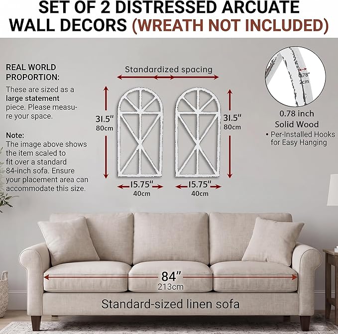 SwallowLiving Set of 2 Large Farmhouse Window Frame Wall Decor, 16x32 Inch Rustic Cathedral Arch Wood Wall Art, Distressed White Faux Church Window Frames for Living Room, Bedroom Entryway (NO WREATH)