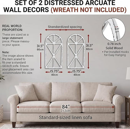 SwallowLiving Set of 2 Large Farmhouse Window Frame Wall Decor, 16x32 Inch Rustic Cathedral Arch Wood Wall Art, Distressed White Faux Church Window Frames for Living Room, Bedroom Entryway (NO WREATH)