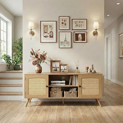 holzart Mid Century Modern Rattan TV Stand for 55/60 Inch TV - 53" Boho Media Console Table with Cane Doors & Open Shelves, Oak Wood Finish Entertainment Center for Living Room, Hallway, Entryway