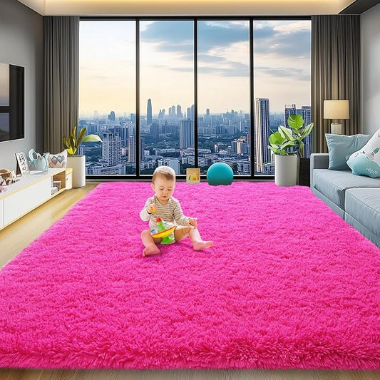 qulint Hot Pink Rug for Living Room 8x10, Soft Shag Fluffy Girl Rug for Bedroom Shaggy Fuzzy Large Carpet for Nusrery, Plush Cozy Modern Alfombra para Sala for Home Decor (8ft x 10ft, Hot Pink)