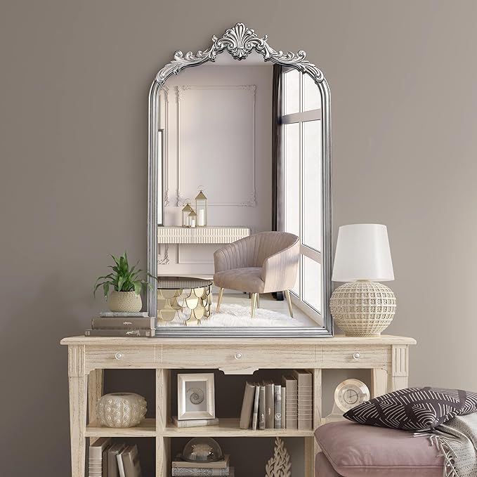 Wylde Iris English Estate Carved Arch Wood Wall Mirror, Mirror for Entryway, Living Room, Bathroom, Antique Silver, 20.4x33