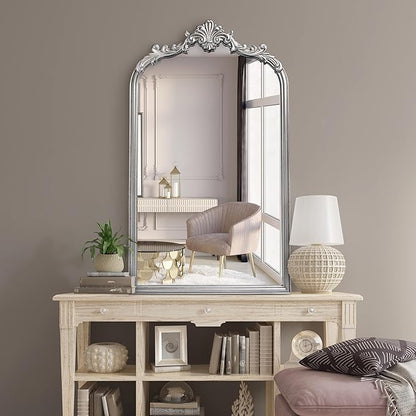 Wylde Iris English Estate Carved Arch Wood Wall Mirror, Mirror for Entryway, Living Room, Bathroom, Antique Silver, 20.4x33