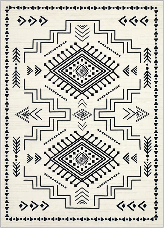 Joydeco Moroccan Rug 8x10 for Living Room, Modern Washable Area Rugs for Bedroom, Low Pile Western Carpet for Dining Room Table, Distressed Aztec Soft Carpet for Office Home Decor, Ivory
