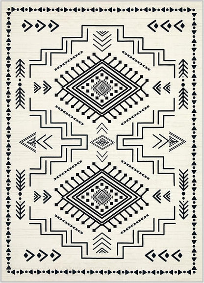 Joydeco Moroccan Rug 8x10 for Living Room, Modern Washable Area Rugs for Bedroom, Low Pile Western Carpet for Dining Room Table, Distressed Aztec Soft Carpet for Office Home Decor, Ivory