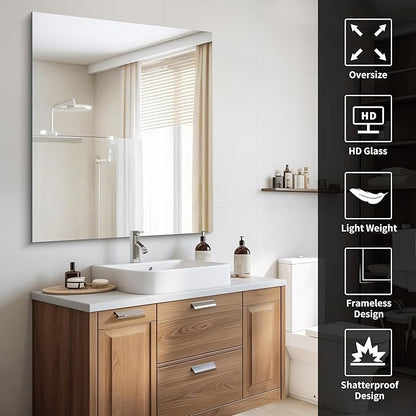 CILIBER Frameless Mirror, 36x40 Mirrors for Wall, Large Bathroom Mirror for Over Sink, Rectangle Frameless Vanity Mirror with Polished Edge, 3mm Tempered Glass, Hangs Horizontally or Vertically