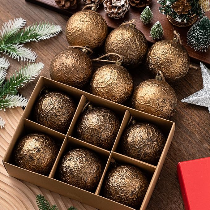 Suncalla 12 Pcs Farmhouse Christmas Ball Ornaments 3.15'' Vintage Antique Gold Christmas Tree Decor Rustic Distressed Neutral Ornaments with Loop Shatterproof Hanging Ball for Farmhouse Xmas Decor