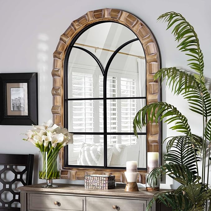 36x24 Inch Arched Window Pane Wall Mirror - Rustic Farmhouse Solid Wood Decorative Mirror for for Living Room, Bedroom, Entryway & Bathroom