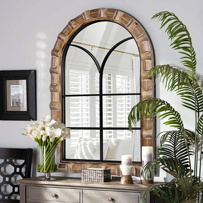 36x24 Inch Arched Window Pane Wall Mirror - Rustic Farmhouse Solid Wood Decorative Mirror for for Living Room, Bedroom, Entryway & Bathroom