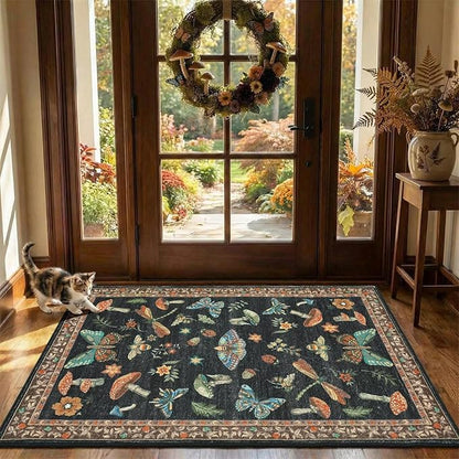 Mushroom 2x6 Runner Rug for Hallway Washable Kitchen Rugs Non Slip Low-Pile Whimsical Cottage Core Insect Bug Butterfly Funky Decor for Entryway Bathroom Bedroom Black Brown