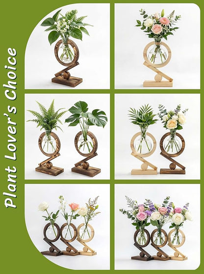 Glass Plant Propagation Station with Wooden Stand and Air Planter Bulb Vase, Planter Terrarium for Home Office Garden Boho Desk Decor,Mothers Day Vase (Natural Wood)