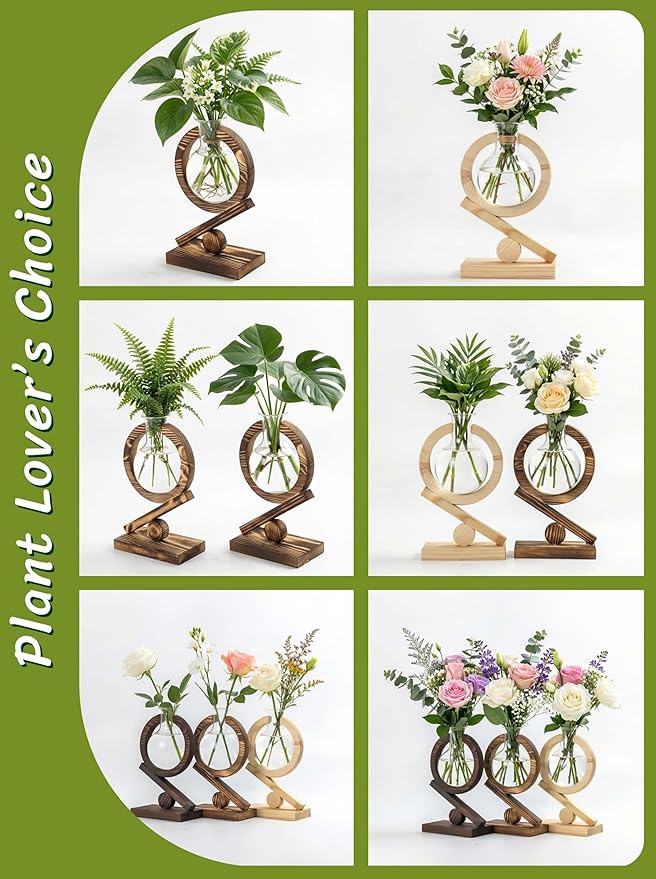 Glass Plant Propagation Station with Wooden Stand and Air Planter Bulb Vase, Planter Terrarium for Home Office Garden Boho Desk Decor,Mothers Day Vase (Dark Burnt Wood)