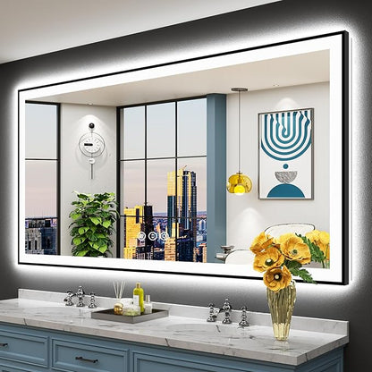 72x40 Black Framed LED Bathroom Mirror with Lights, Backlit and Front Lit Anti-Fog Lighted Vanity Mirrors for Bathroom Wall, Dimmable, 3 Colors, Memory, HD Tempered Glass, Horizontal/Vertical