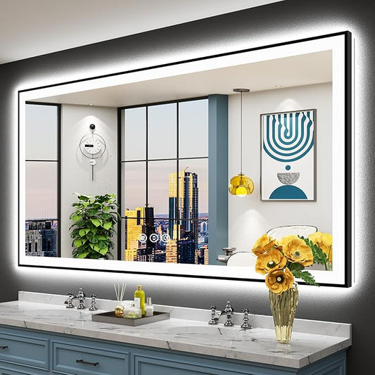 72x40 Black Framed LED Bathroom Mirror with Lights, Backlit and Front Lit Anti-Fog Lighted Vanity Mirrors for Bathroom Wall, Dimmable, 3 Colors, Memory, HD Tempered Glass, Horizontal/Vertical