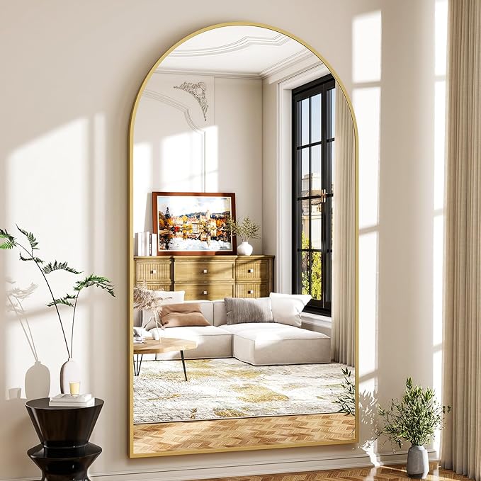 Easly 46"x76" Arched Full-Length Mirror, Oversized Floor Mirror with Stand, Freestanding or Wall-Mounted Full Body Mirror for Living Room, Bedroom, or Cloakroom, Gold