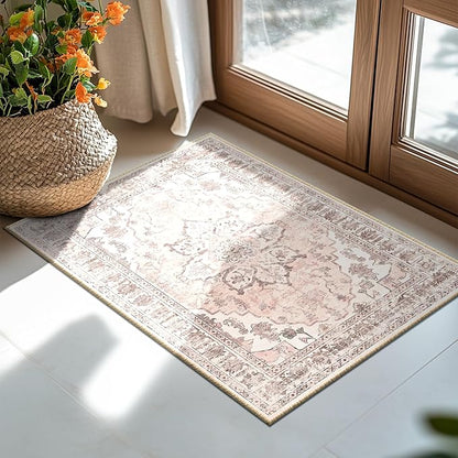 BESTSWEETIE 2x3 Area Rug Washable Rugs for Living Room, No Pile Boho Carpet for Entryway Bedroom Dinning Room, Vintage Carpet Print Distressed Non-Slip, 2 x 3 ft, Pink Beige Grey