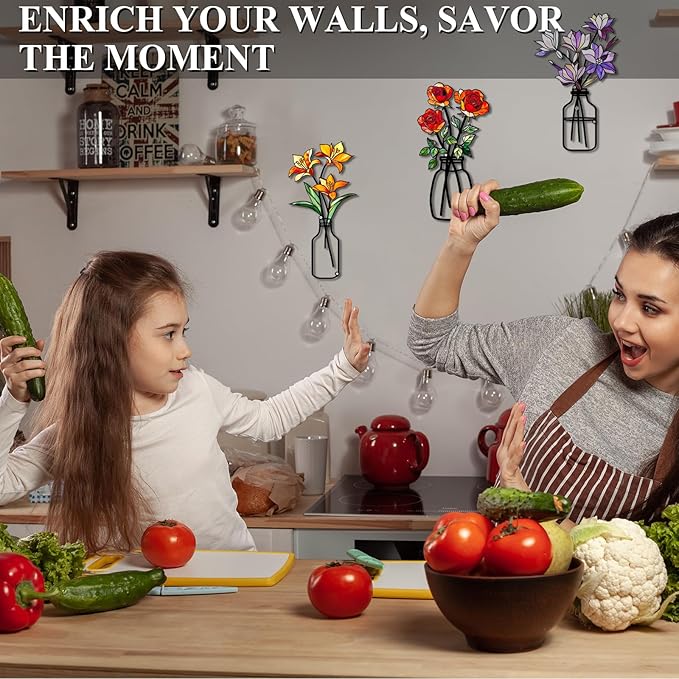 Fanjashn 3 Pcs Metal Flowers Wall Art, Floral Art Wall Decor, Minimalist Flower Wall Decor for Living Room, Bathroom, Bedroom, Kitchen and Dining Room