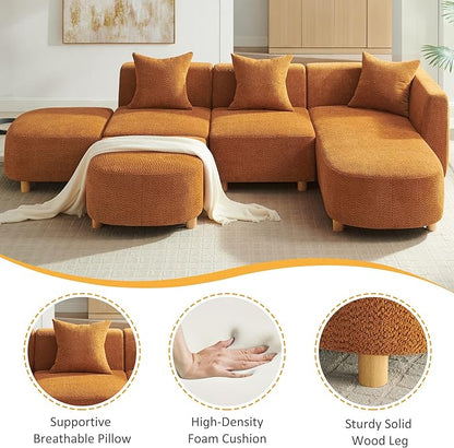 VANOMi 109.84" Modular Sectional Sofa with 3 Pillows, Convertible 5-Seater Comfy Boucle Cloud Couch with Ottoman, Modern Sectional Sofas for Living Room, Office, Apartment (Curry)