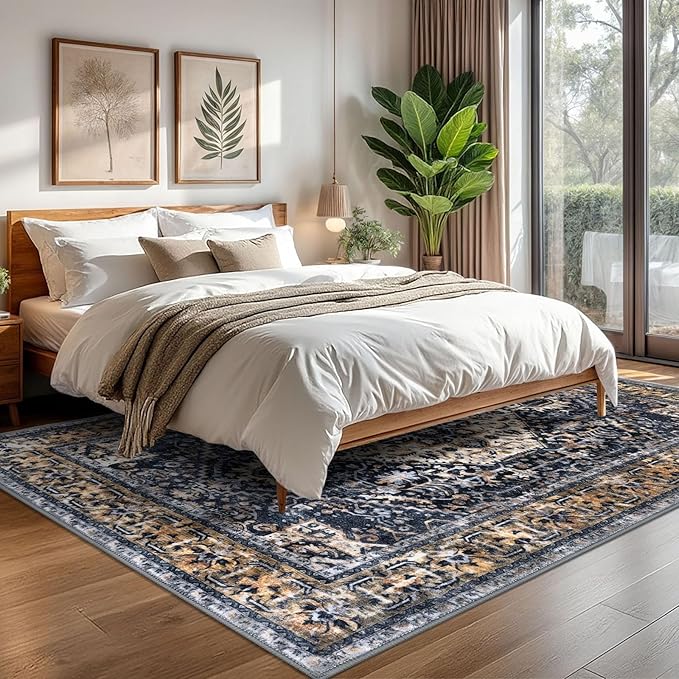 KOZYFLY Boho Area Rug 6x9 Ft Thin Rugs for Living Room Washable Bedroom Rug Non Slip Rugs for Living Room Gold/Orange/Navy Printed Faux Wool Vintage Bedroom Rug Floor Carpet
