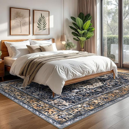 KOZYFLY Boho Area Rug 6x9 Ft Thin Rugs for Living Room Washable Bedroom Rug Non Slip Rugs for Living Room Gold/Orange/Navy Printed Faux Wool Vintage Bedroom Rug Floor Carpet