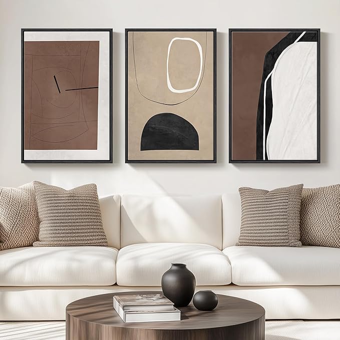 Framed Brown Abstract Wall Art for Living Room, 3 Piece Large Black and White Modern Canvas Artwork for Walls, Neutral Brown Abstract Prints Pictures Paintings Stairway Hallway Wall Decor, 24x36 Inch