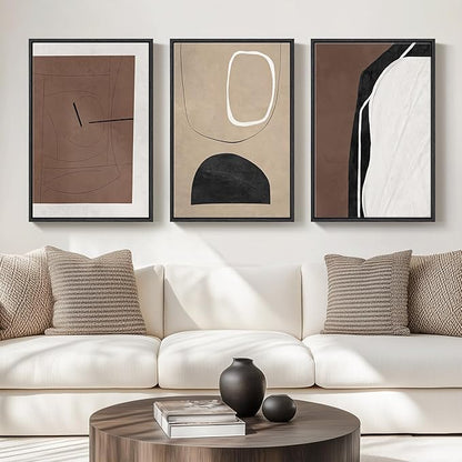 Framed Brown Abstract Wall Art for Living Room, 3 Piece Large Black and White Modern Canvas Artwork for Walls, Neutral Brown Abstract Prints Pictures Paintings Stairway Hallway Wall Decor, 24x36 Inch
