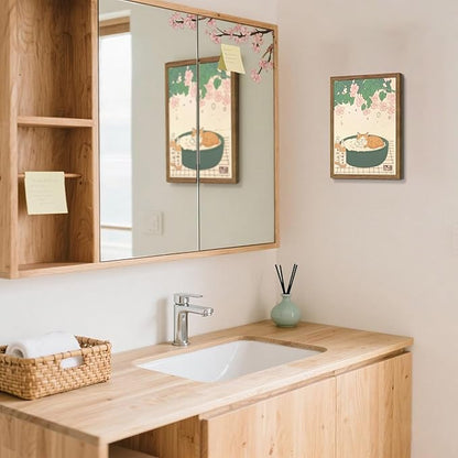 Japanese Cat Bathroom Wall Art Set of 3, Funny Cat in Bathtub Canvas Wall Decor Paintings, Vintage Japandi Cute Animal Aesthetic Poster Prints Pictures for Restroom Bathroom 12x16 Inch Framed