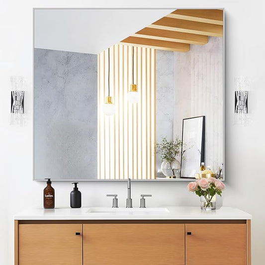 DESBING 36" x 40"Bathroom Mirror, Silver Rectangle Corner Wall Mirror with Metal Frame, Decorative Rectangular Vanity Mirror for Bedroom Bathroom Living Room Entryway (Horizontal/Vertical)
