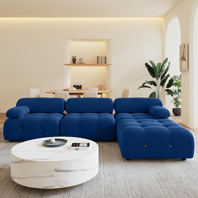 104'' Modular Sectional Couch, L-Shaped Velvet Bubble Couch with Reversible Chaise Ottoman, Modern Cloud Sectional Couches for Living Room, Apartment (3 Seats, 1 Ottoman, Blue)