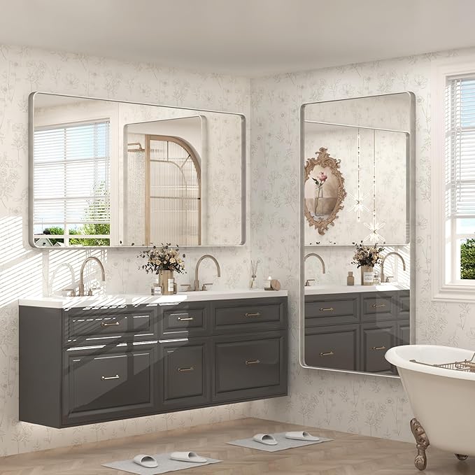 60x28 Silver Bathroom Mirror for Wall, Silver Brushed Framed Bathroom Vanity Mirror, Rectangle Bathroom Nickel Mirror, Anti-Rust, Shatterproof (Horizontal/Vertical)
