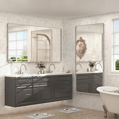 66x36 Inch Silver Bathroom Mirrors for Vanity, Brushed Nickel Metal Silver Framed Bathroom Mirror for Wall, Rounded Rectangle Silver Mirror, Anti-Rust, Shatterproof (Horizontal/Vertical)