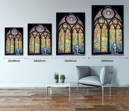 Modern Graffiti Wall Art Decor Praying Boy Kid In Cathedral Pictures Artwork Colorful Doodle Picture for Home Living Dining Room Office Decoration Stretched and Framed Ready to Hang(24''W x 36''H)