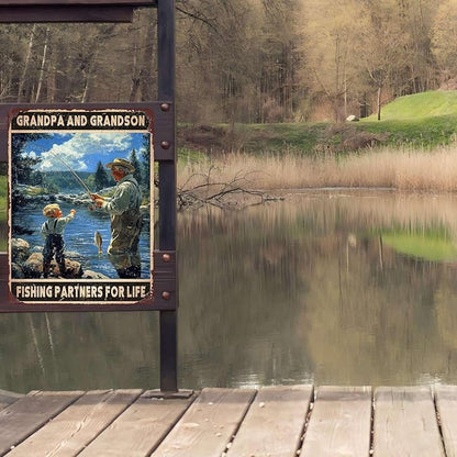 Vintage Fishing Metal Sign Grandpa And Grandson Fishing Partners For Life Metal Poster Home Kitchen Garden Bar Pub Coffee Man Cave Aluminium Sign Art Wall Decor Plaque 12x16Inch