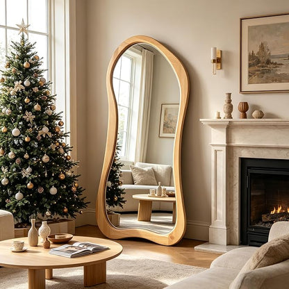 Large Irregular Mirror, 67"x31.5" Asymmetrical Full Body Mirrors with Solid Wood Frame, Premium Organic Aesthetic Floor Mirror for Living Room Entryway Hallway Cloakroom, Leaning/Hanging