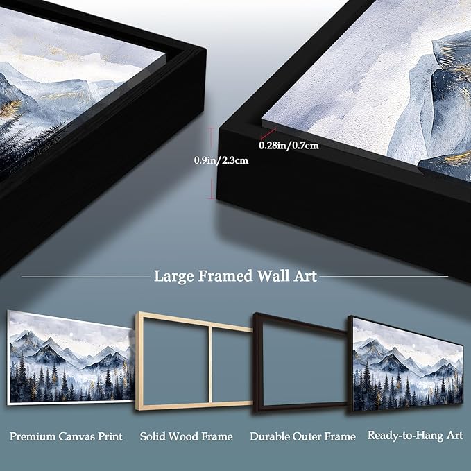 SERIMINO Extra Large Framed Mountain Forest Wall Art, 32"x71", Misty Pine Tree Watercolor in Blue Gold, Nature Scenery Canvas Wall Decor for Living Room, Bedroom, Office Decor
