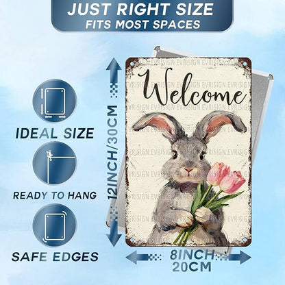 Funny Bunny Tulip Welcome Metal Sign Easter Spring Decor Rabbit Lovers Gift Rustic Farmhouse Wall Art For Home Porch Entryway 8x12Inch