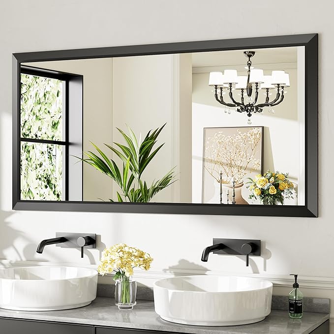 Briivue 60x30 Inch Black Bathroom Mirror for Wall, Thick Metal Framed Rectangle Mirrors for Over Sink, Bedroom, Living Room, Entryway, Anti-Rust, HD Tempered Glass