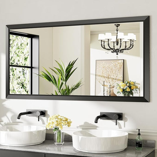 Briivue 60x30 Inch Black Bathroom Mirror for Wall, Thick Metal Framed Rectangle Mirrors for Over Sink, Bedroom, Living Room, Entryway, Anti-Rust, HD Tempered Glass