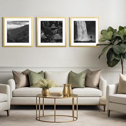 Yaetm 20x20 Gold Picture Frame Matted to 16x16, Set of 3, Thin Large Square Frame for Gallery Wall Display, Hanging Hardware Included (3 Pack, Gold)
