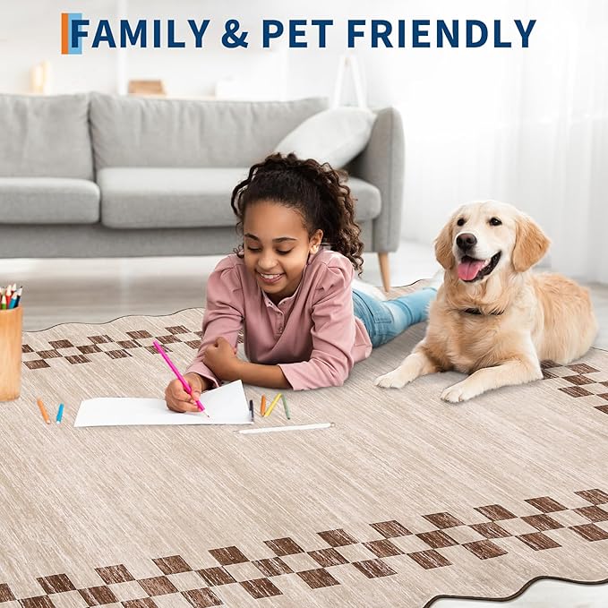 Washable Runner Rug 2x10 Modern Bordered Hallway Runner Rug Non Slip Kitchen Throw Carpet Checkered Bathroom Entryway Runner Rugs Low Pile Solid Area Rugs for Living Room Bedroom Nursery Sink, Beige