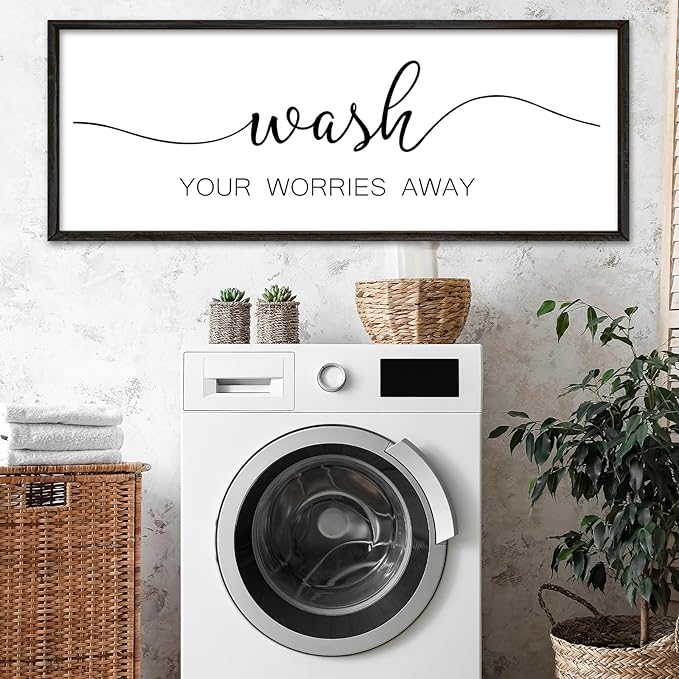 Wash Your Worries Away Sign Funny Laundry Room Wall Decor 32"×12" Rustic Bathroom Large Wooden Framed Wall Hanging Art (Black)